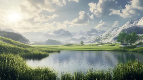 Mountain lake landscape with grassy shore under soft sunlight.