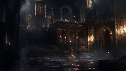 Gothic ruin grand hall with staircases in digital painting style.