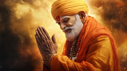 Elderly spiritual man in orange robes praying in light glow.