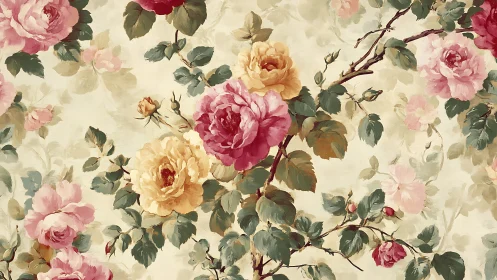Vintage floral wallpaper with painted rose branches pattern.
