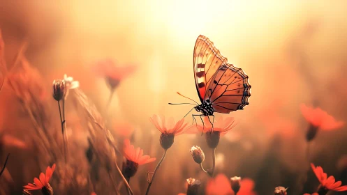 Butterfly on orange wildflowers in warm sunset glow.