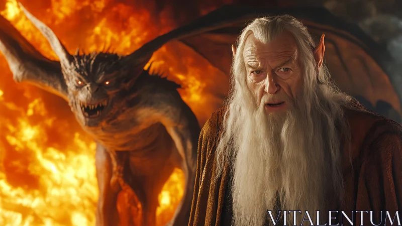 Old elf wizard faces demonic dragon amid raging firestorm.