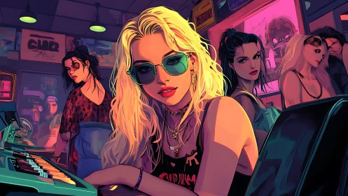 Blonde woman in neon-lit arcade foregrounds a crowded scene