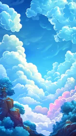 Sunlit dream clouds drifting above peaceful blue hills.