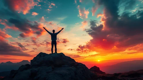 Sunrise triumph on rugged peak under blazing sky.