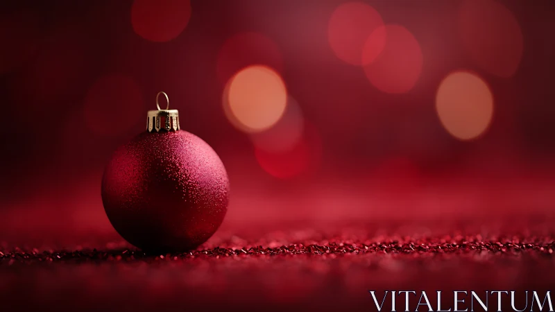 Glistening red ornament rests softly in warm holiday glow