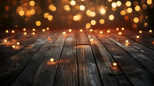 Rustic wooden floor glows beneath drifting festive bokeh lights.