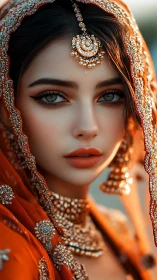 Photorealistic bridal portrait with ornate orange dupatta and jewelry