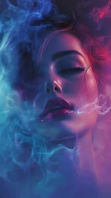 Female face in colored smoke under dual neon lighting.