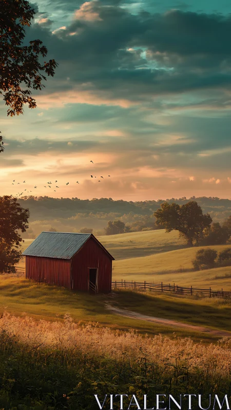 Red barn on rolling farmland under glowing sunset sky.