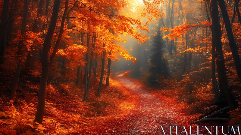 Autumn Forest Pathway Glowing with Warm Golden Sunlight
