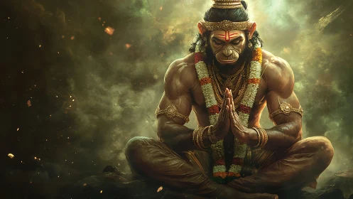 Divine monkey warrior meditates in glowing sacred haze.