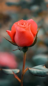 Single coral rose bud in soft-focus natural garden setting.
