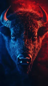 Bison portrait split by red and blue neon rim lighting