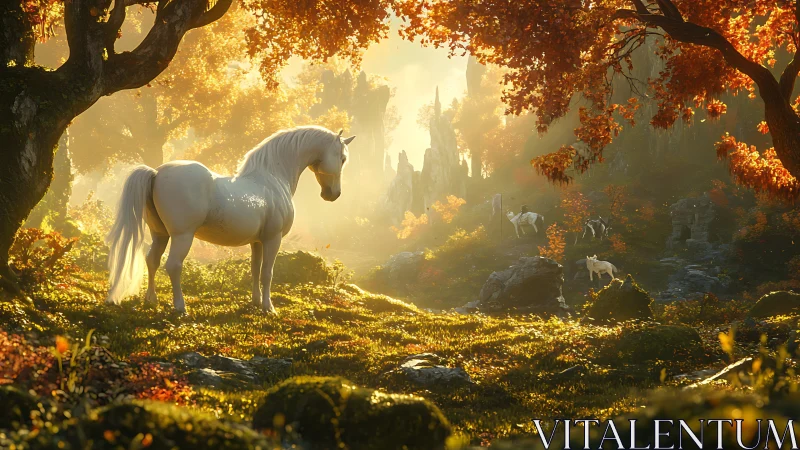 Sunlit white steed dreaming beneath autumn ember branches.