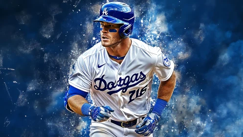 Baseball player in white uniform on abstract blue backdrop.