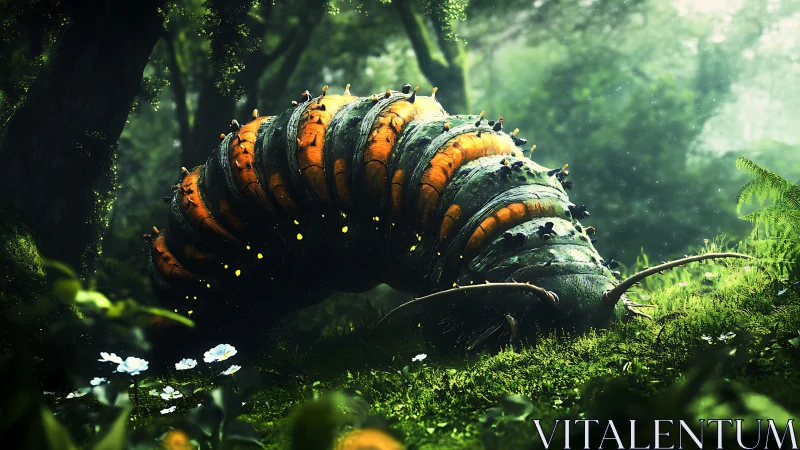 Colossal bioluminescent caterpillar beneath misty forest canopy.