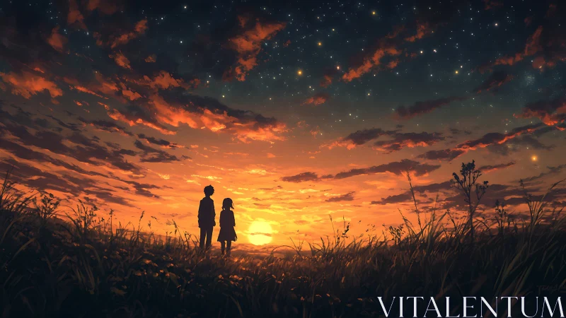 Two young silhouettes share a quiet moment at starlit sunset