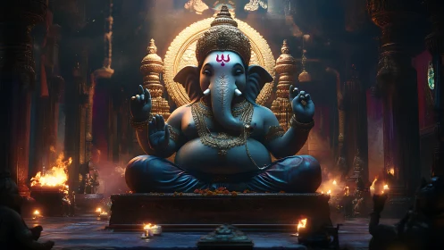 Ganesh idol glows within ornate temple under sacred fire.
