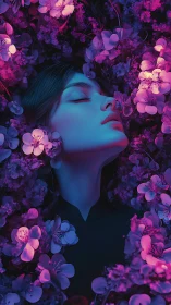Woman’s illuminated face lies amid neon pink and violet flowers