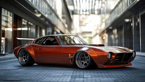 Low-slung copper widebody retro sports car in urban corridor.