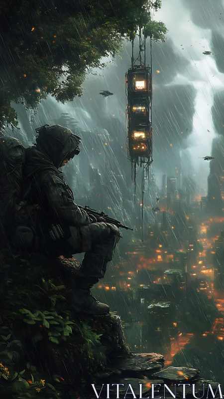 Lone soldier above neon drenched cyberpunk city in rain.