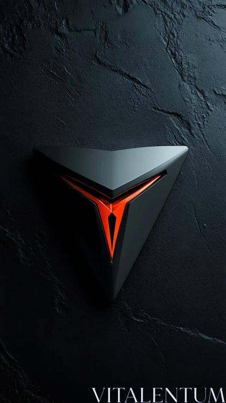 Sleek triangular emblem glows warmly against dark stone