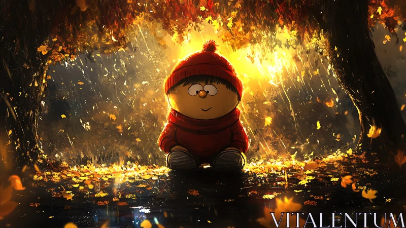 Cartoon child in red winter clothes under autumn trees.