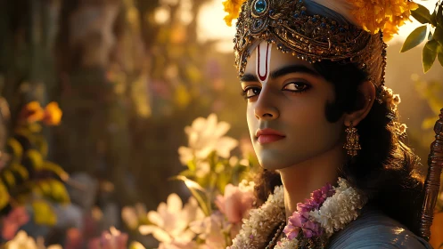 Graceful crowned figure glows softly in a golden garden