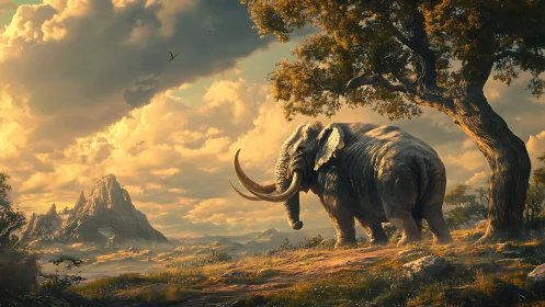 Sunlit titan elephant wandering beneath an ancient dreaming tree.