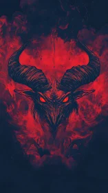 Infernal horned demon skull in red smoke on deep black field