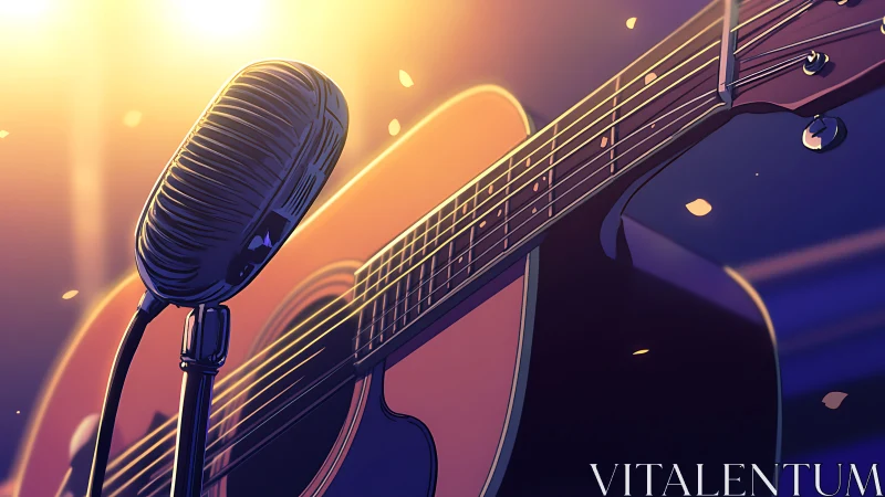 Vintage microphone meets warm acoustic guitar glow.