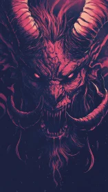 Horned infernal beast in high-contrast neon duotone portrait.
