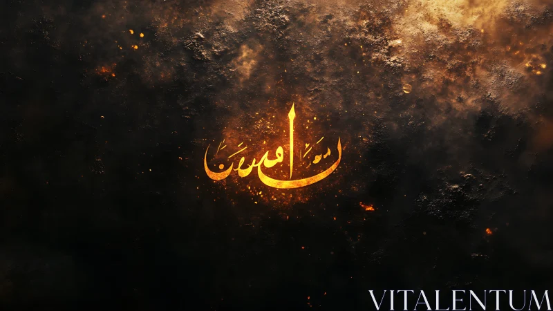 Glowing Arabic calligraphy burns through cosmic darkness.