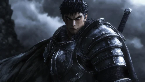 Armored dark swordsman stands against stormy cloud horizon