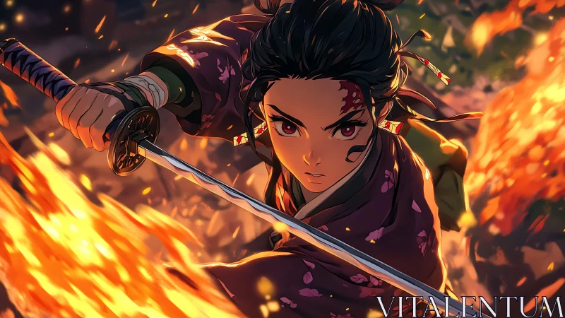 Fiery anime swordsman charging forward with fierce courage.