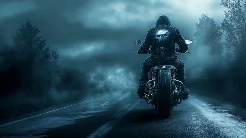 Hooded motorcyclist rides wet highway through dense blue fog at night