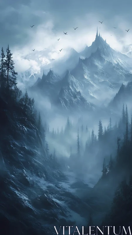 Jagged icy mountain peaks rise through swirling winter mist.