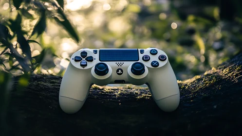 PlayStation 4 Controller Positioned on Weathered Log.