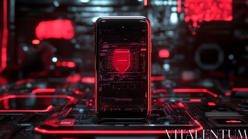 Neon firewall phone guarding a glowing cybernetic gridscape.