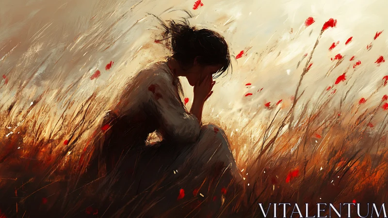 Woman in pensive solitude in red flower field at sunset.
