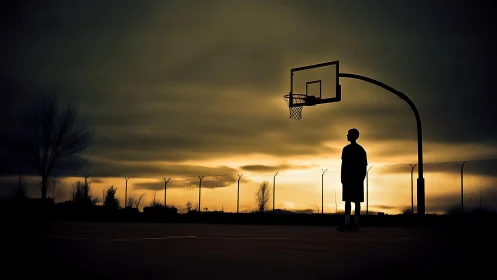 Silhouetted youth on outdoor court at muted sunset.