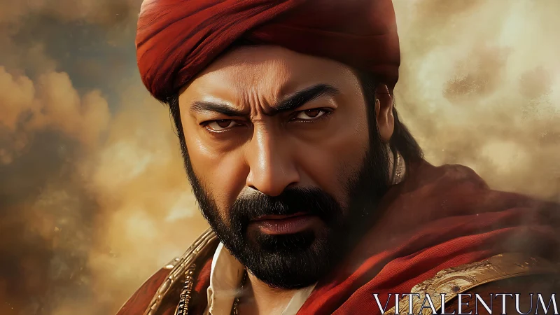 Bearded man in red turban against diffuse cloudy background.