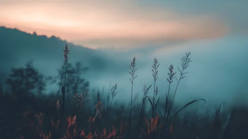 Backlit meadow grasses intersect misty valley at cool dawn