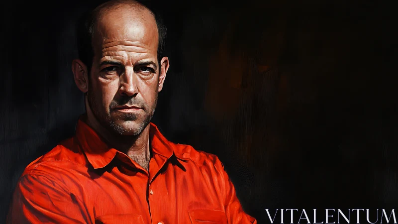 Intense male portrait in red shirt against deep black void