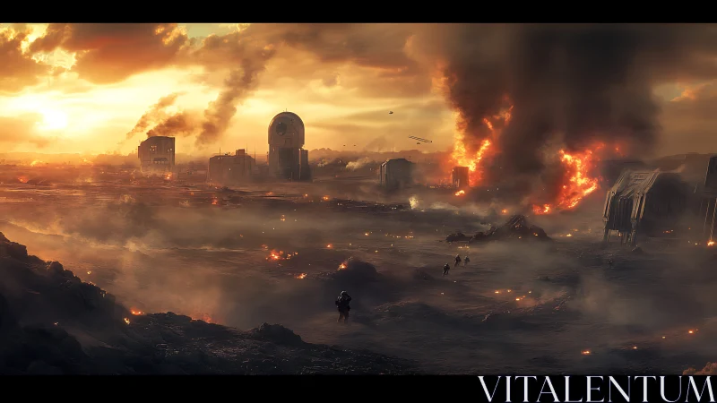Sweeping sci fi battlefield glows under a smoky burning sky