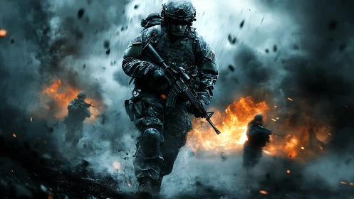 Combat infantry charge through firelit battlefield haze.