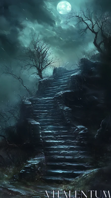 Moonlit stone stairway climbs through dark barren hillside