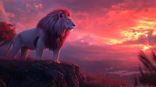 Majestic lion overlooking crimson volcanic sunset vista.