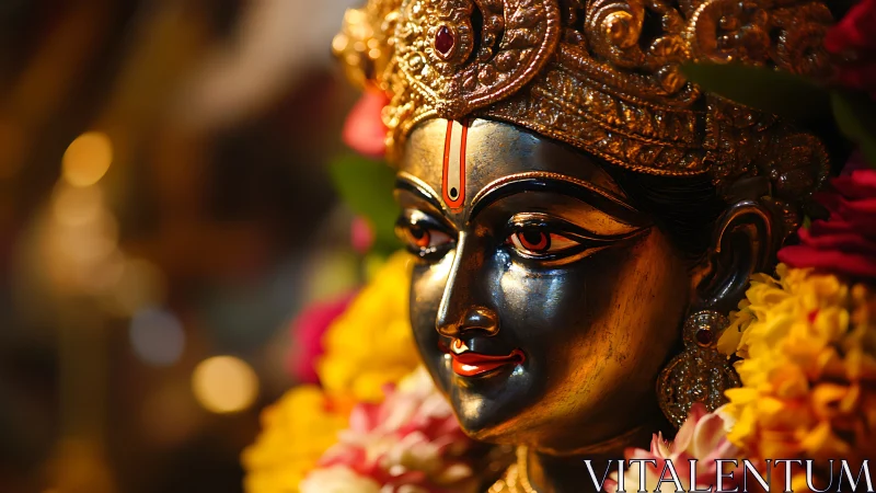 Gilded Hindu goddess bust with floral garland and warm bokeh